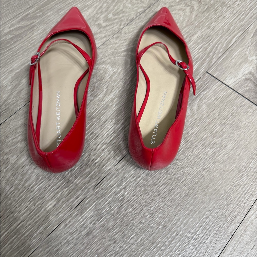 Stuart Weitzman Red Patent Mary Jane Flats Pointed Toe Size 8 - Picture 5 of 7